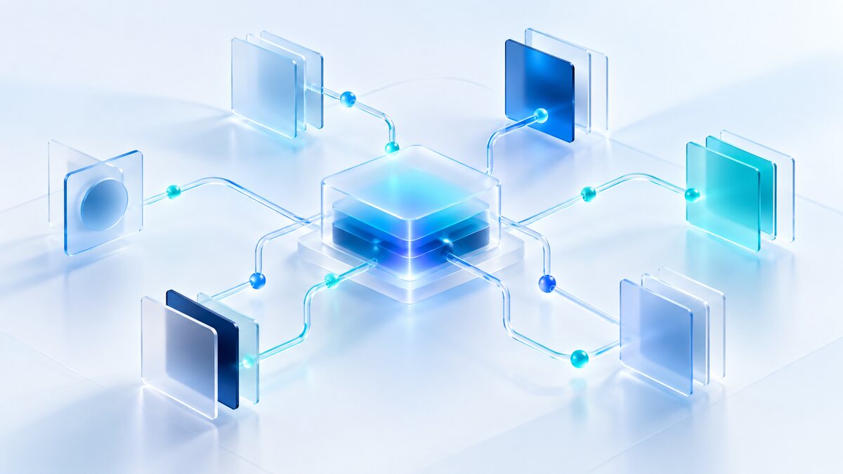 Conexões abstratas entre sistemas digitais em azul e turquesa